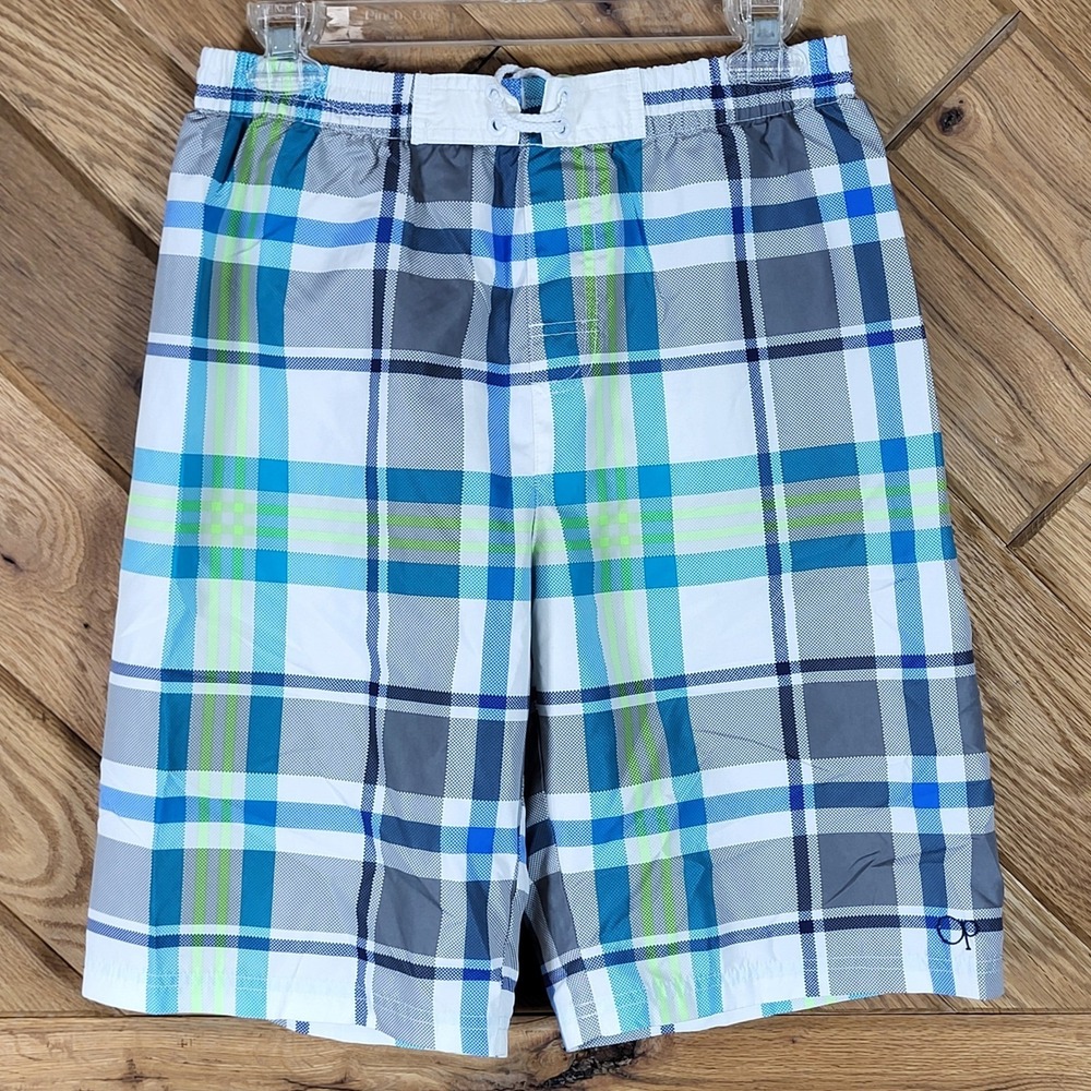 OP Board Shorts Boys XL 14-16 Plaid Mesh Lined Swim Trunks Blue White Grey